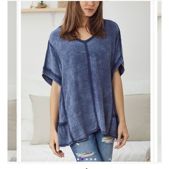 Navy V-Neck ruffle-hem top, Ornella Paris, 100% Cotton, XXL - Picture 4 of 7